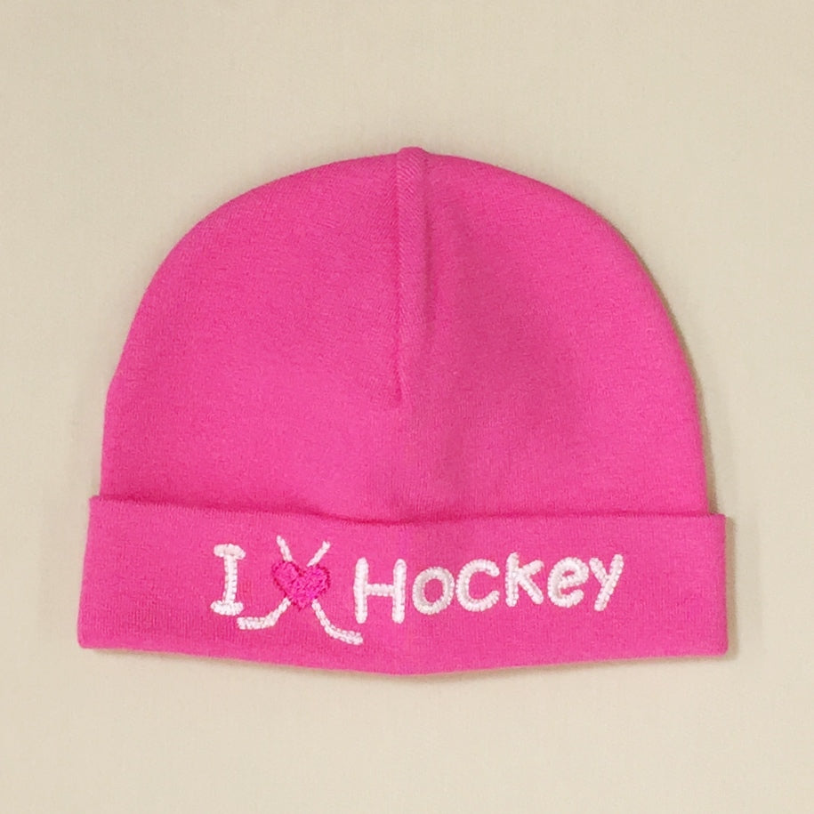 I Love Hockey embroidered baby hat in Fuchsia Made In Canada