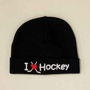 I Love Hockey embroidered baby hat in Black Made in Canada