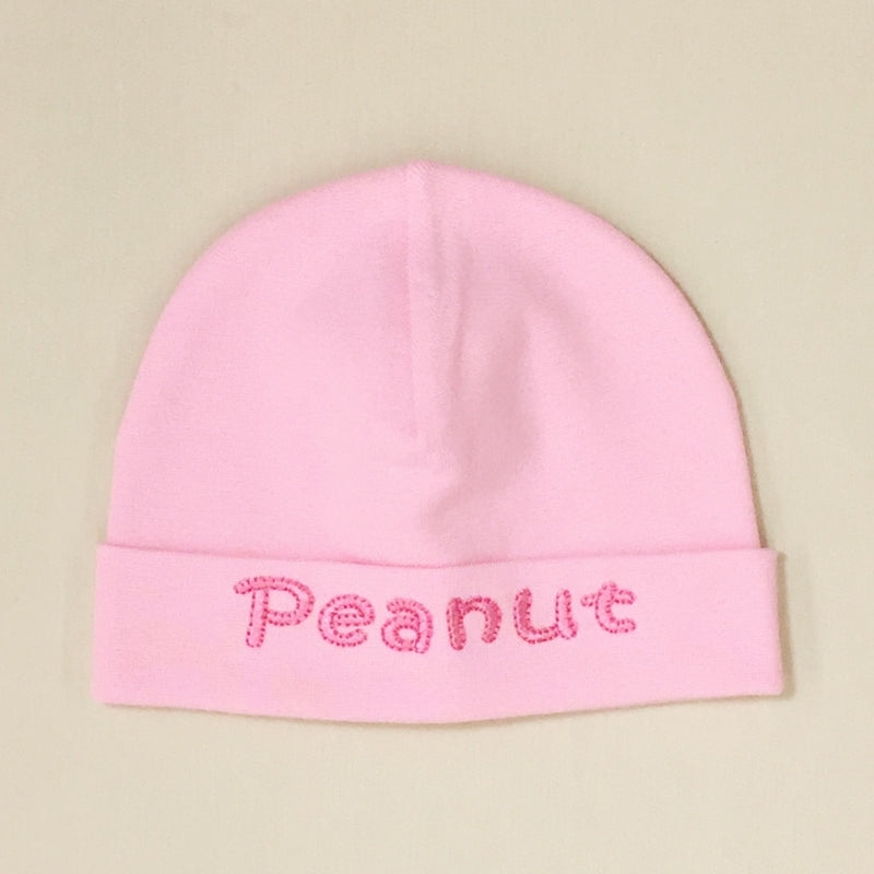 Peanut embroidered baby hat in pink Made in Canada