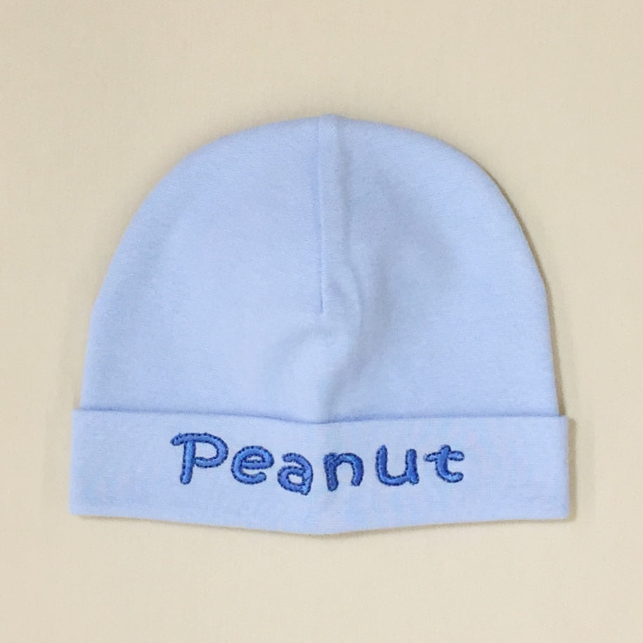 Peanut embroidered baby hat in blue Made in Canada