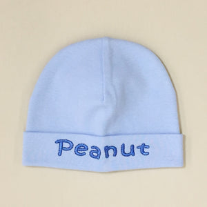 Peanut embroidered baby hat in blue Made in Canada