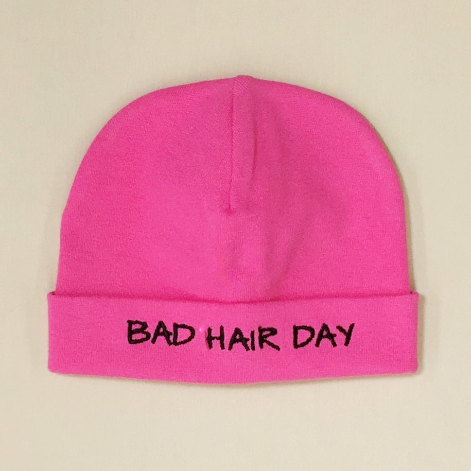 Bad Hair Day embroidered baby hat in Fuchsia Made in Canada