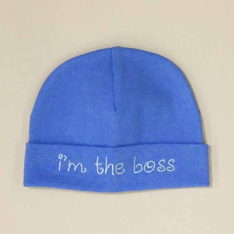 I'm the Boss embroidered baby hat in Deep Blue Made in Canada