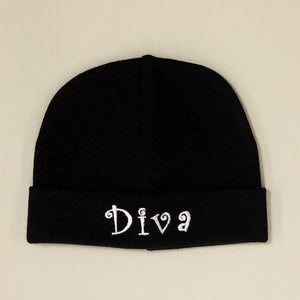 Diva embroidered baby hat in black Made in Canada