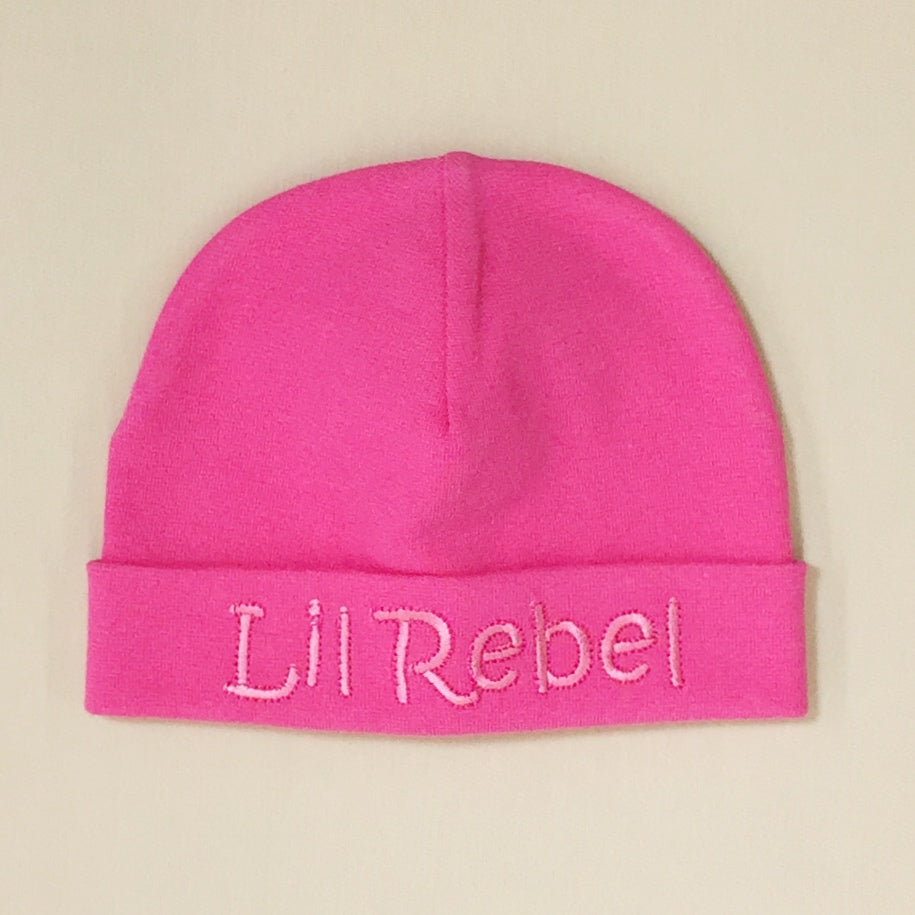 Lil Rebel embroidered baby hat in Fuchsia Made in Canada