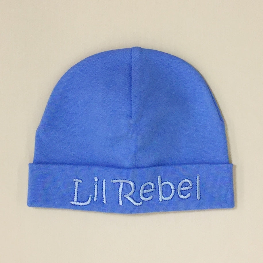 Lil Rebel embroidered baby hat in Deep Blue Made in Canada