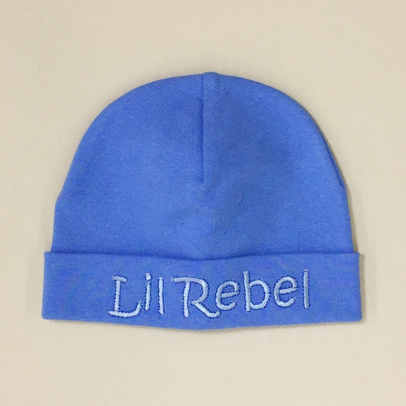 Lil Rebel embroidered baby hat in Deep Blue Made in Canada