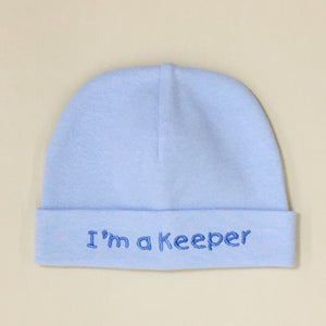 I'm a Keeper embroidered baby hat in blue Made in Canada