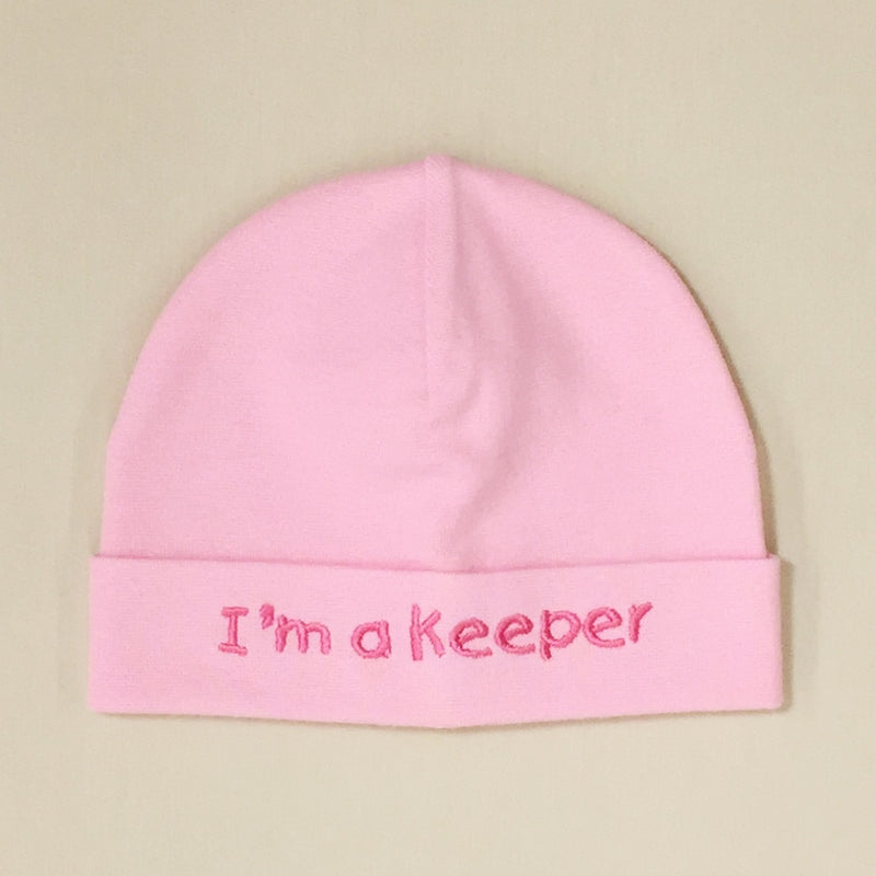 I'm a Keeper embroidered baby hat in pink Made in Canada