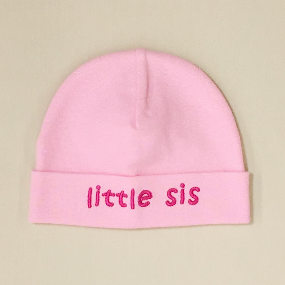 Little sis embroidered  baby hat in pink Made in Canada