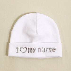 I Love My Nurse embroidered Preemie baby hat in White Made In Canada