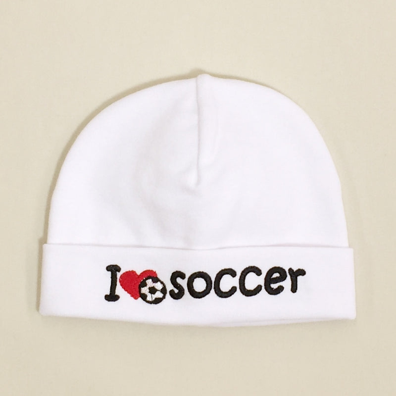 I Love Soccer embroidered baby hat in white Made in Canada