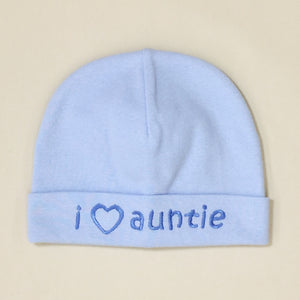 I Love Auntie embroidered baby hat in blue Made in Canada