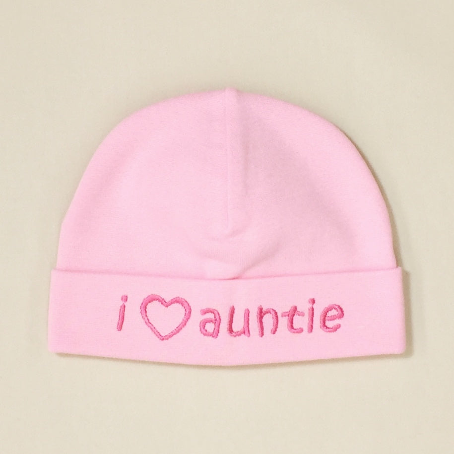 I Love Auntie embroidered baby hat in pink Made in Canada