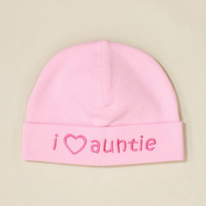 I Love Auntie embroidered baby hat in pink Made in Canada