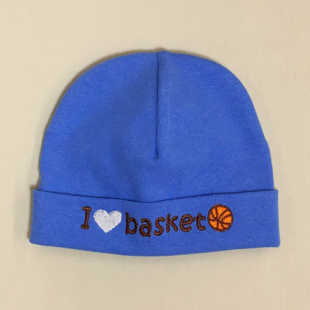 I Love Basketball embroidered baby hat in deep blue Made in Canada