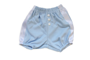 Faux Fly Blue Diaper Cover with button detail front view. 